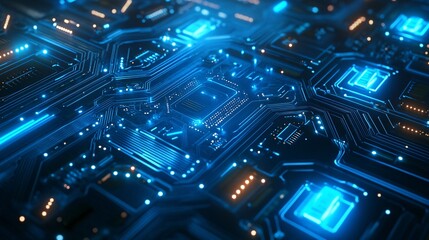 A detailed close-up of a futuristic blue circuit board highlighting intricate patterns and glowing elements.