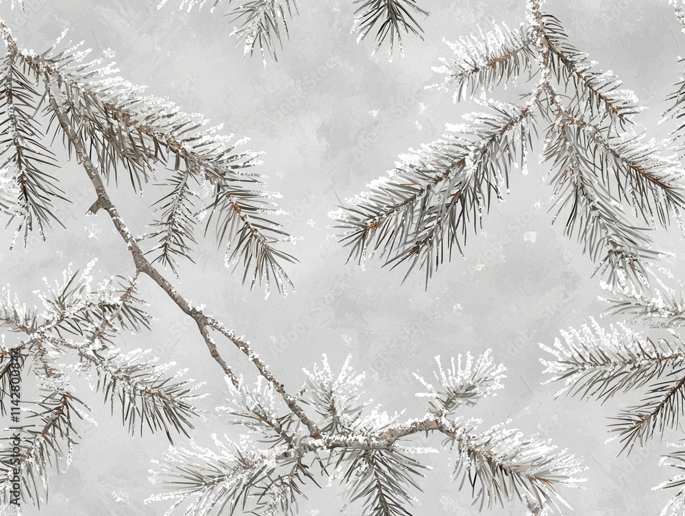 Poster delicate frost arrangement featuring frosted pine branches on a soft gray background for seamless pa