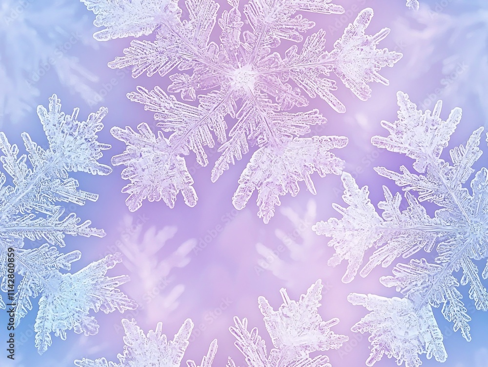 Poster perfectly symmetrical snowflake cluster with delicate ice crystals on a soft gradient background
