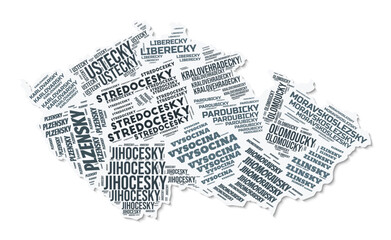 Czechia shape text cloud. Country border with shadow on white background. Czechia with regions division in vintage gazette style. Amazing vector illustration.