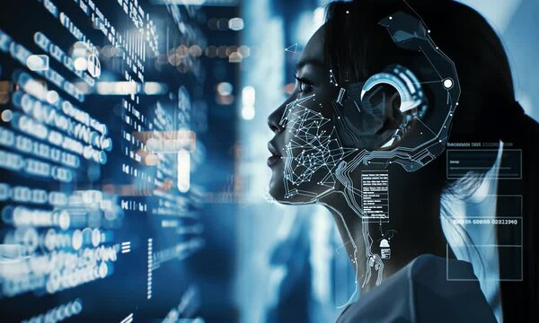 Asian Female scientist head profile standing in front of the digital screen learning new algorythms with digital technology overlay over her face denoting she is a cyborg