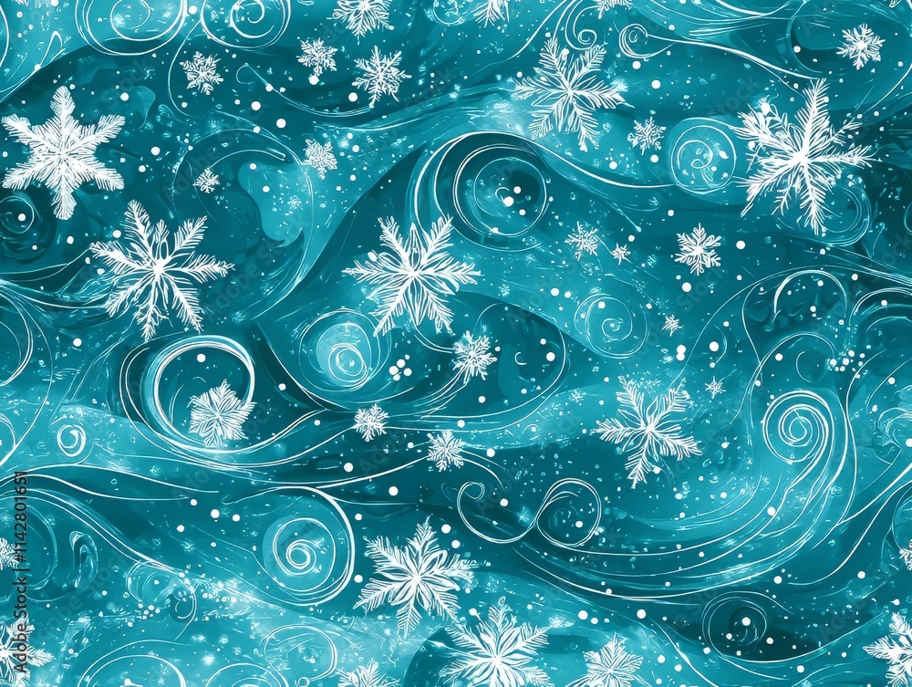 Poster abstract swirls of wind and snowfall in turquoise and white with elegant snowflakes and artistic pat