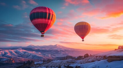 Obraz premium Two hot air balloons flying over snow-covered mountains at sunrise or sunset.