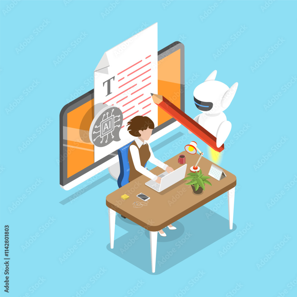 Poster 3d isometric flat vector illustration of prompt engineering, ai-based software
