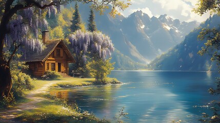 Fototapeta premium Rustic wooden chalet by a serene mountain lake, surrounded by lush greenery and wisteria.
