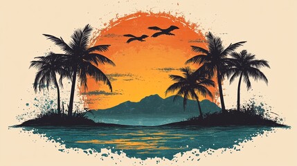 Obraz premium A serene tropical island with palm trees and a mountain range silhouetted against an orange sunset.