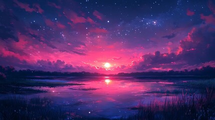 Fototapeta premium A serene and vibrant sunset over a tranquil body of water, with the sky ablaze in hues of pink and purple.