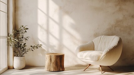 A minimalist room with white walls and natural light.
