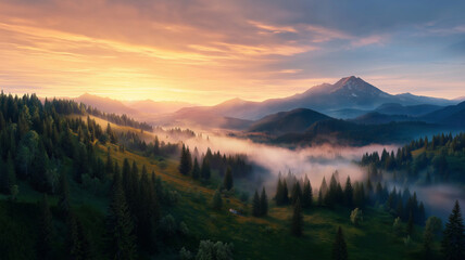 Breathtaking sunrise over misty mountains and lush forests