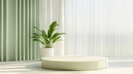 Minimalist green podium with plant, sunlight, and curtains.