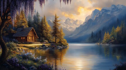 Fototapeta premium Serene mountain cabin nestled by a tranquil lake, surrounded by lush forest and majestic peaks during golden hour.