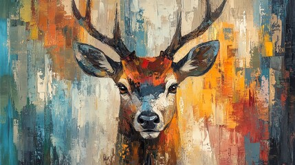 A colorful painting of a deer's head with abstract background.