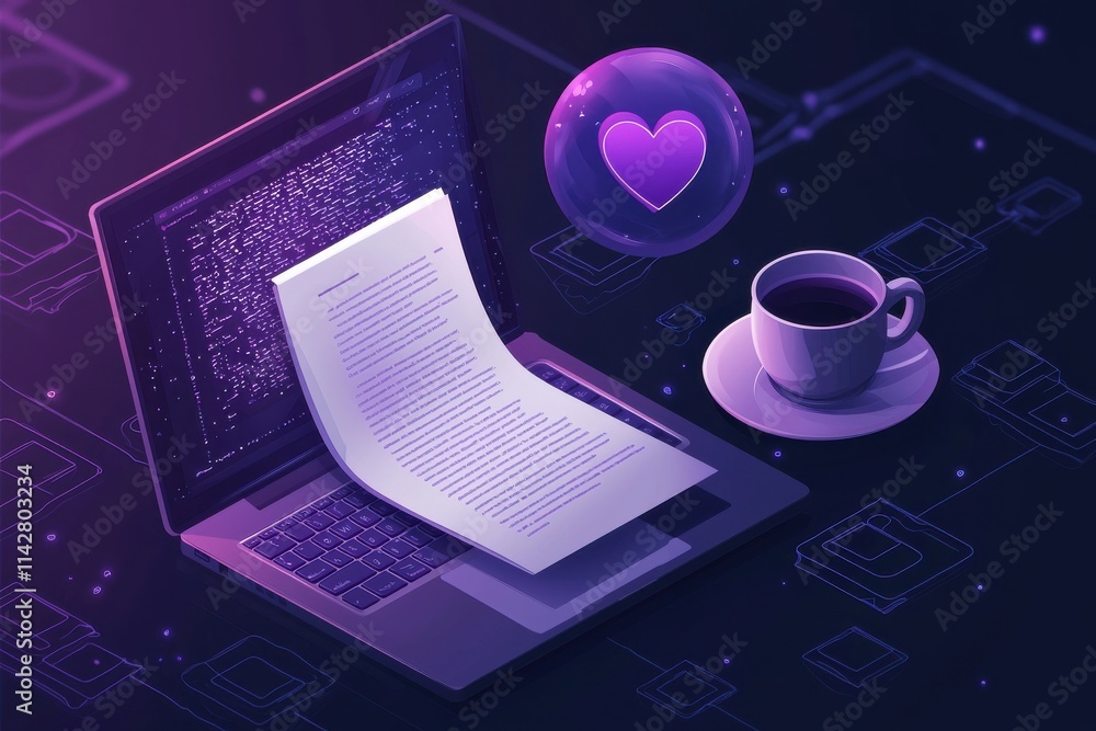 Poster digital workspace with laptop and open document in colorful ambient lighting