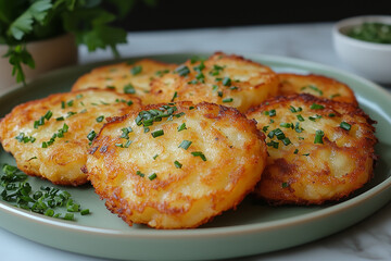 A minimalist rendering of latkes on a pastel green plate, with a light texture overlay.