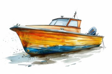 A watercolor illustration of a small motorboat sitting on the shore. Children's Book Illustration