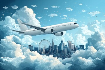 White plane flies over a city skyline in a whimsical sky scene