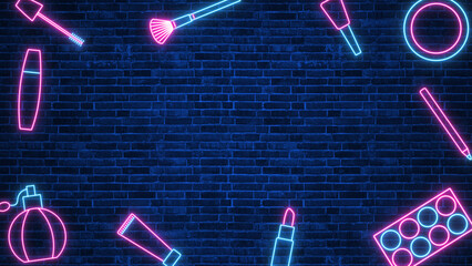 cosmetics products neon lights borde frame on brick wall , beauty and make up social media background  © AIDIN