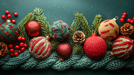 A festive arrangement brings Christmas cheer with vibrant knitted ornaments and lush greenery. The scene embodies the warmth and joy of the holiday spirit, perfect for celebrations.