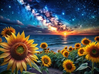 Night Photography Starfish Sunflower Celestial Bloom Dark Ocean Starry Sky Astro Photography