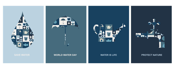 Water Conservation Awareness Posters Set. set of four posters featuring water conservation, sustainability, and nature protection themes with creative icons shaped as water, umbrella, and faucet. 