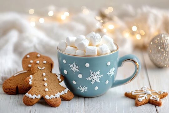 Blue Cup of Hot Cocoa with Marshmallows and Gingerbread | Festive Decor, White Wooden Background, New Year Cheer