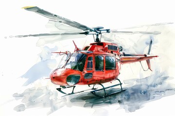 Watercolor painting of a red helicopter. Children's Book Illustration