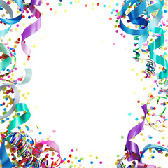 Obraz premium Colorful confetti with ribbon satin for celebration, decoration, new year, anniversary, event, party, wedding, festive & birthday isolated on a transparent background.