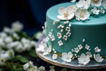 close-up Three-Tiered Teal Cake with White Flowers and Pearls 