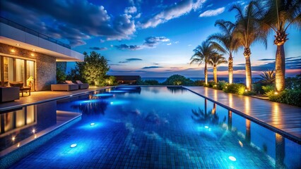 Fototapeta premium Night Pool Photography: Stunning Dark Blue Water, Illuminated Swimming Pool Backdrops