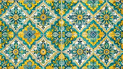 Vitrage gordijnen Lisbon geometric Azulejo tile vector pattern, Portuguese or Spanish retro old tiles mosaic, Mediterranean seamless turquoise and yellow design © CreativeEarth
