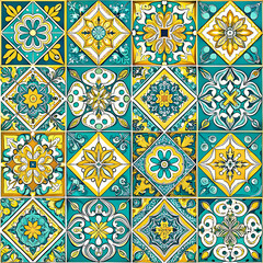 Lisbon geometric Azulejo tile vector pattern, Portuguese or Spanish retro old tiles mosaic, Mediterranean seamless turquoise and yellow design