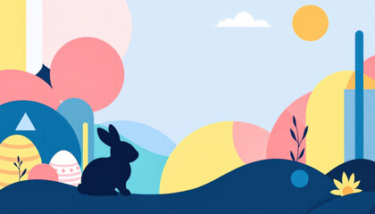 Naklejka premium An abstract Easter composition featuring geometric shapes in bold colors, complemented by a single stylized bunny silhouette, creating a modern and artistic representation of the holiday. 