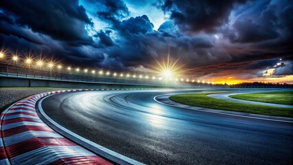 Obraz premium Night Race Track Photography: Isolated Asphalt, Dramatic Lighting, Speed, Motion Blur, Night Scene