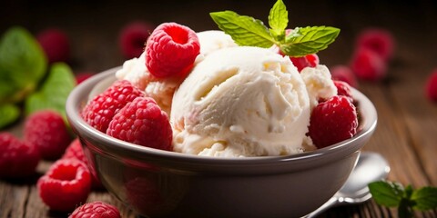 Delicious Bowl of Ice Cream with Raspberries