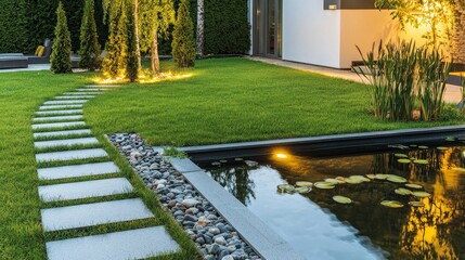 Obraz premium Serene backyard with stone path, pond, and lush lawn at twilight.