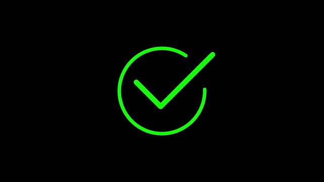 Green checkmark animation. Yes tick. Correct check mark symbol. Yes sign. Correct vote icon on black background. Animated green tick concept.