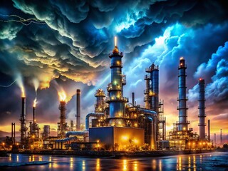 Fototapeta premium Night Storm Over Oil Refinery - Industrial Night Photography, Low Light Oil Plant Image