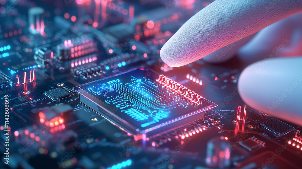 Poster close-up view of a hand interacting with a glowing microchip in a high-tech environment