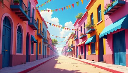 Fototapeta premium Colorful street decorated for a Brazilian carnival with flags and vibrant houses, under a clear blue sky