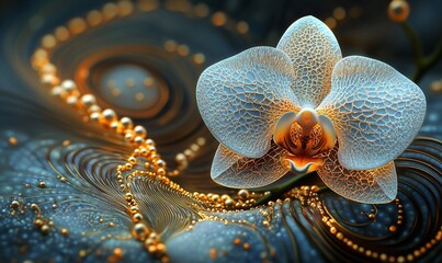 Elegant white orchid on swirling, golden background.