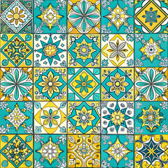 Lisbon geometric Azulejo tile vector pattern, Portuguese or Spanish retro old tiles mosaic, Mediterranean seamless turquoise and yellow design