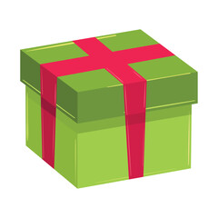 Green gift box with red ribbon and lid design Vector