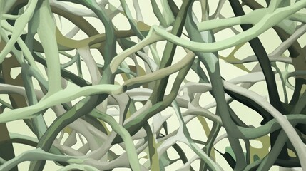 Intricate, interconnected web of twisting moss green, pale mint, and dark olive roots forming organic patterns, resembling a dense network of tangled vines or ancient forest roots spreading across