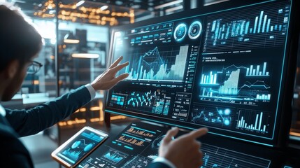 Fototapeta premium Businessman analyzing data on a large touchscreen display showing graphs and charts.