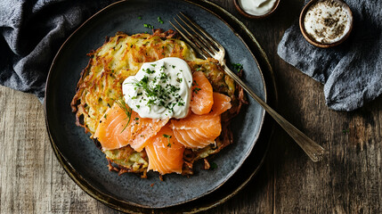 Latkes served with salmon and sour cream on a rustic plate for a gourmet presentation