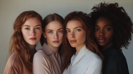 Fototapeta premium Four young females stand together and look at camera. African american, Latina, caucasian women portrait for International Womens Day and empowerment for ladies. Photo