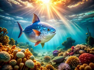 Obraz premium Ocean Sunfish Tilt-Shift Miniature Photography: Adorable Mola Mola in Tiny World