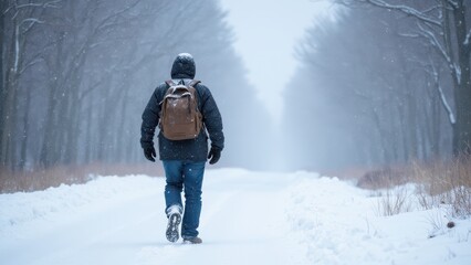Snowflakes gently falling from the sky, covering the ground in a blanket of white while a person walks through the winter landscape