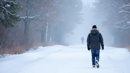 Snowflakes gently falling from the sky, covering the ground in a blanket of white while a person walks through the winter landscape