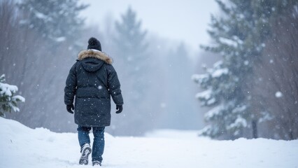 Snowflakes gently falling from the sky, covering the ground in a blanket of white while a person walks through the winter landscape